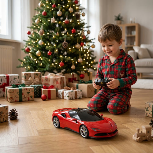 Auto na daljinski Ferrari SF90 Stradale 1:18 pored okićene novogodišnje jelke