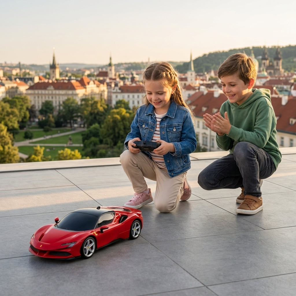 Auto na daljinski Ferrari SF90 Stradale 1:18 na osunčanoj terasi stana