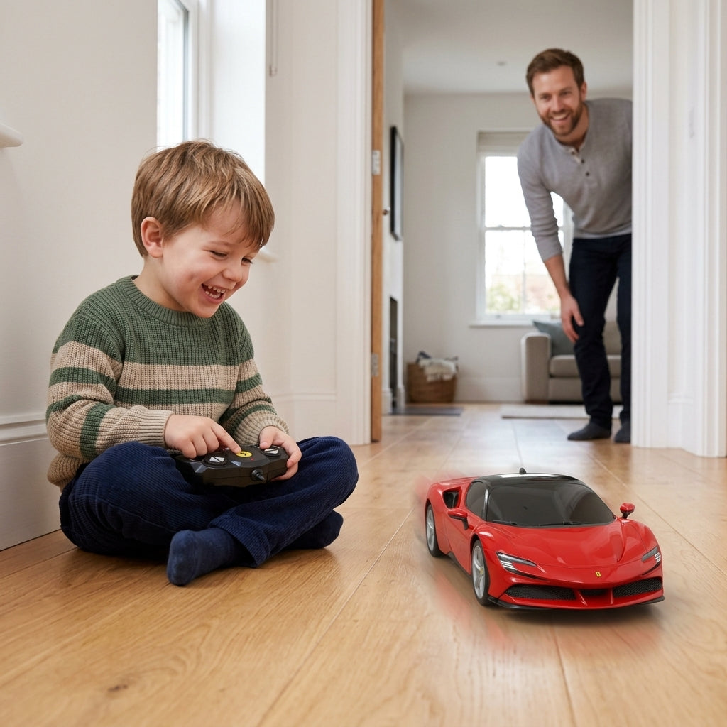 Auto na daljinski Ferrari SF90 Stradale 1:18 u hodniku modernog doma