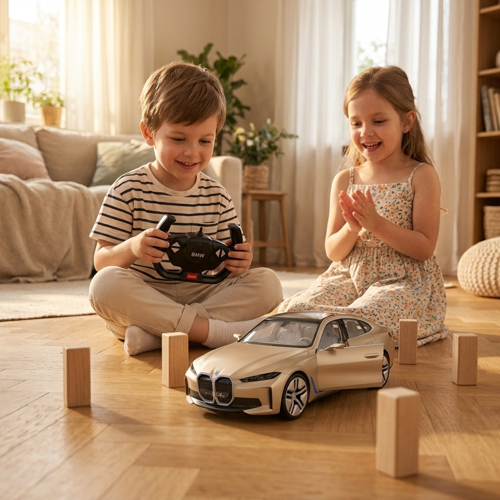 Auto na daljinski BMW i4 1:14 na parketu dok se deca igraju kod bake