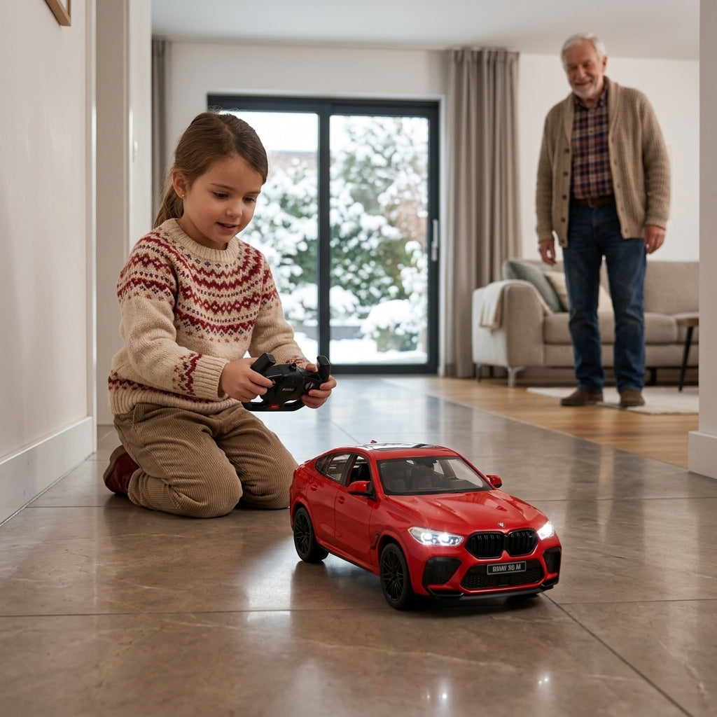 Auto na daljinski BMW X6 M 1:14 crvene boje u prostranom hodniku porodičnog doma
