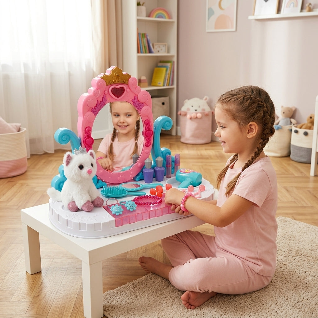 Dečji toaletni sto Kitty 23 dela na stočiću u modernoj dečjoj sobi