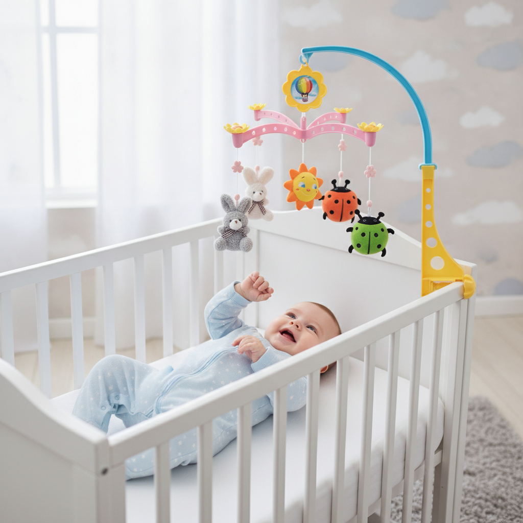 Plišana vrteška montirana na drveni krevetac iznad nasmejane bebe