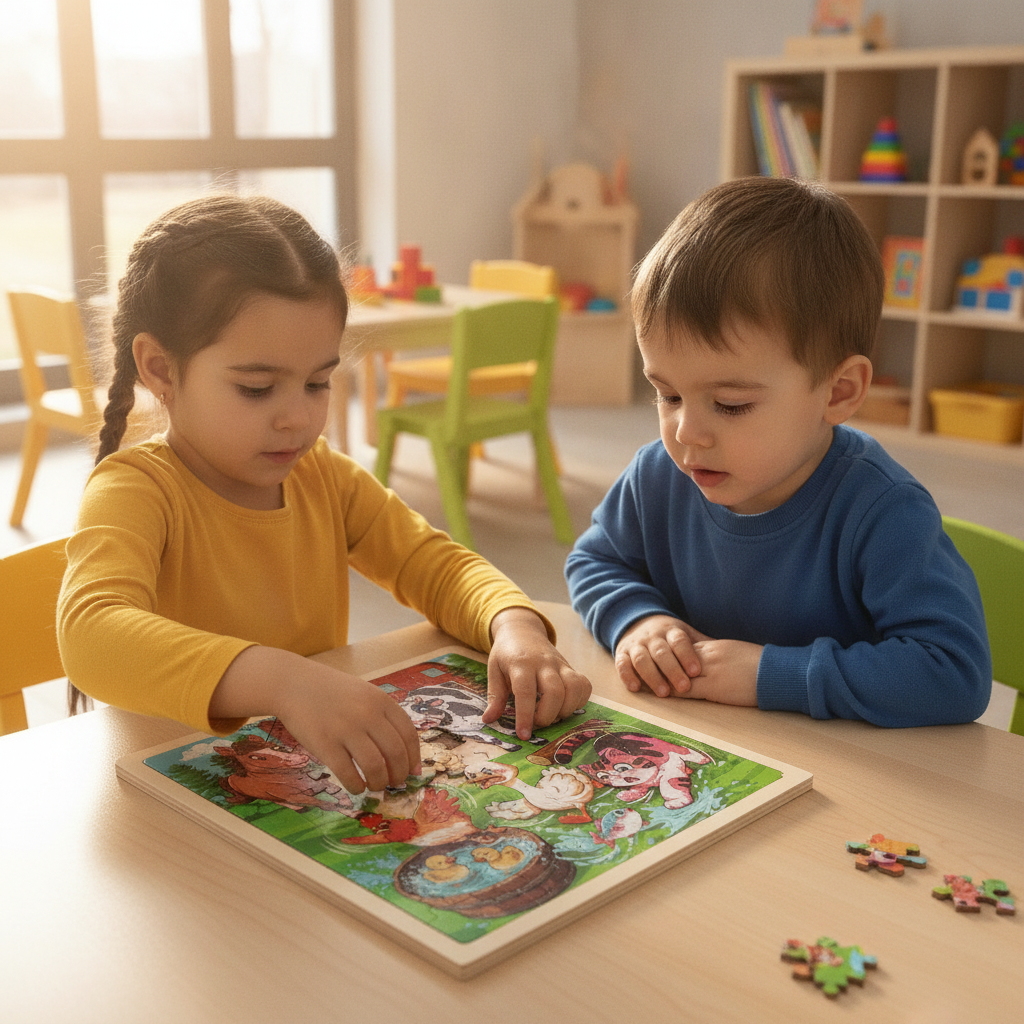 Puzle farma na dečijem stolu u vrtiću dok ih deca zajedno slažu
