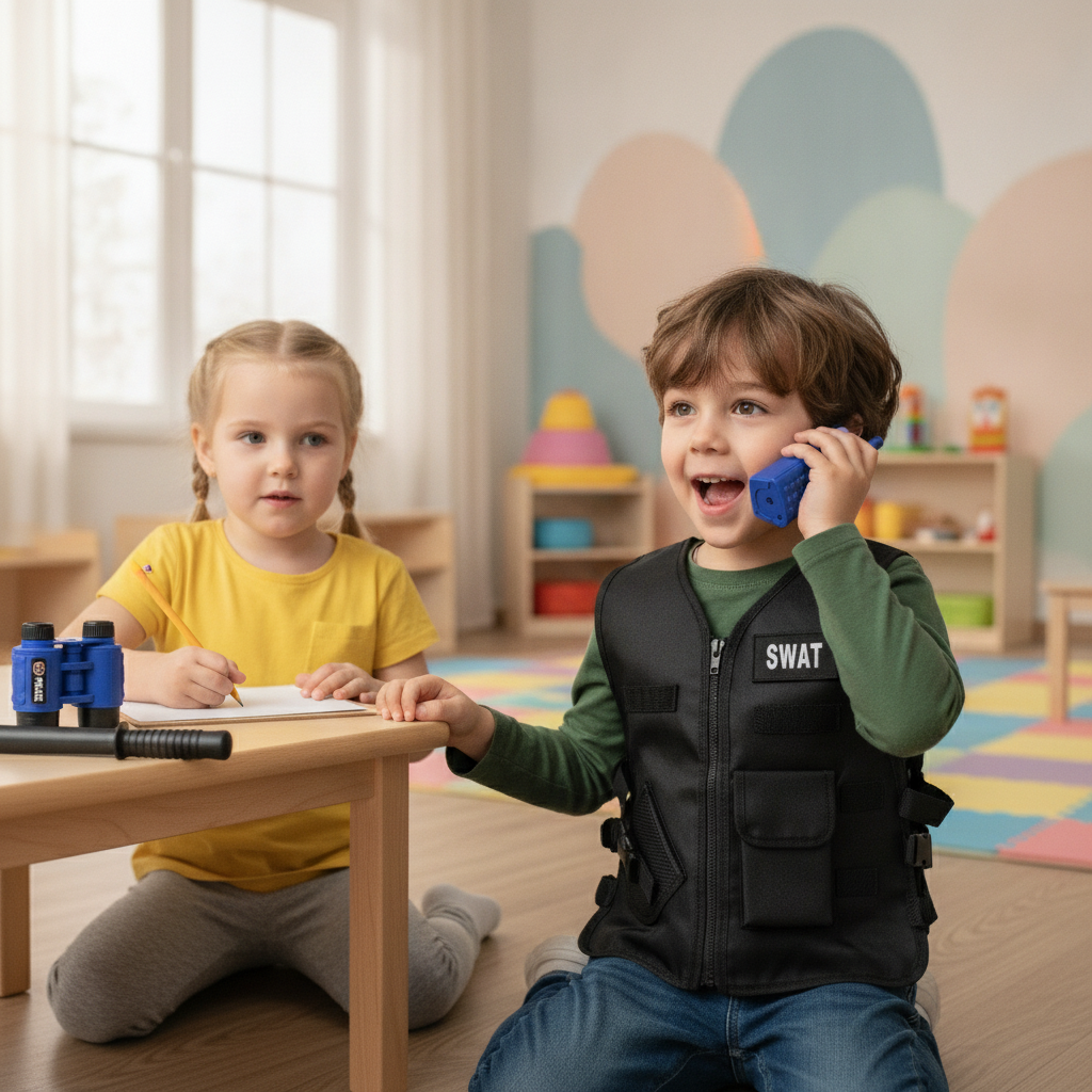 Igračka policijski set u vrtiću tokom tematske igre uloga