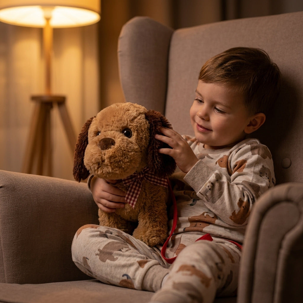 Plišana kuca Fleki Moli koja šeta i laje u naručju deteta pod svetlom tople lampe
