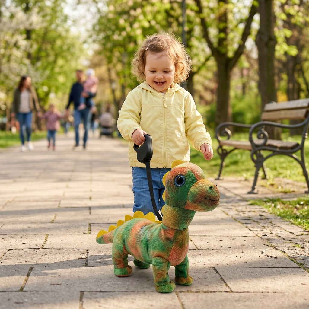 Plišani Dino Lino koga devojčica vodi na povocu tokom šetnje u parku
