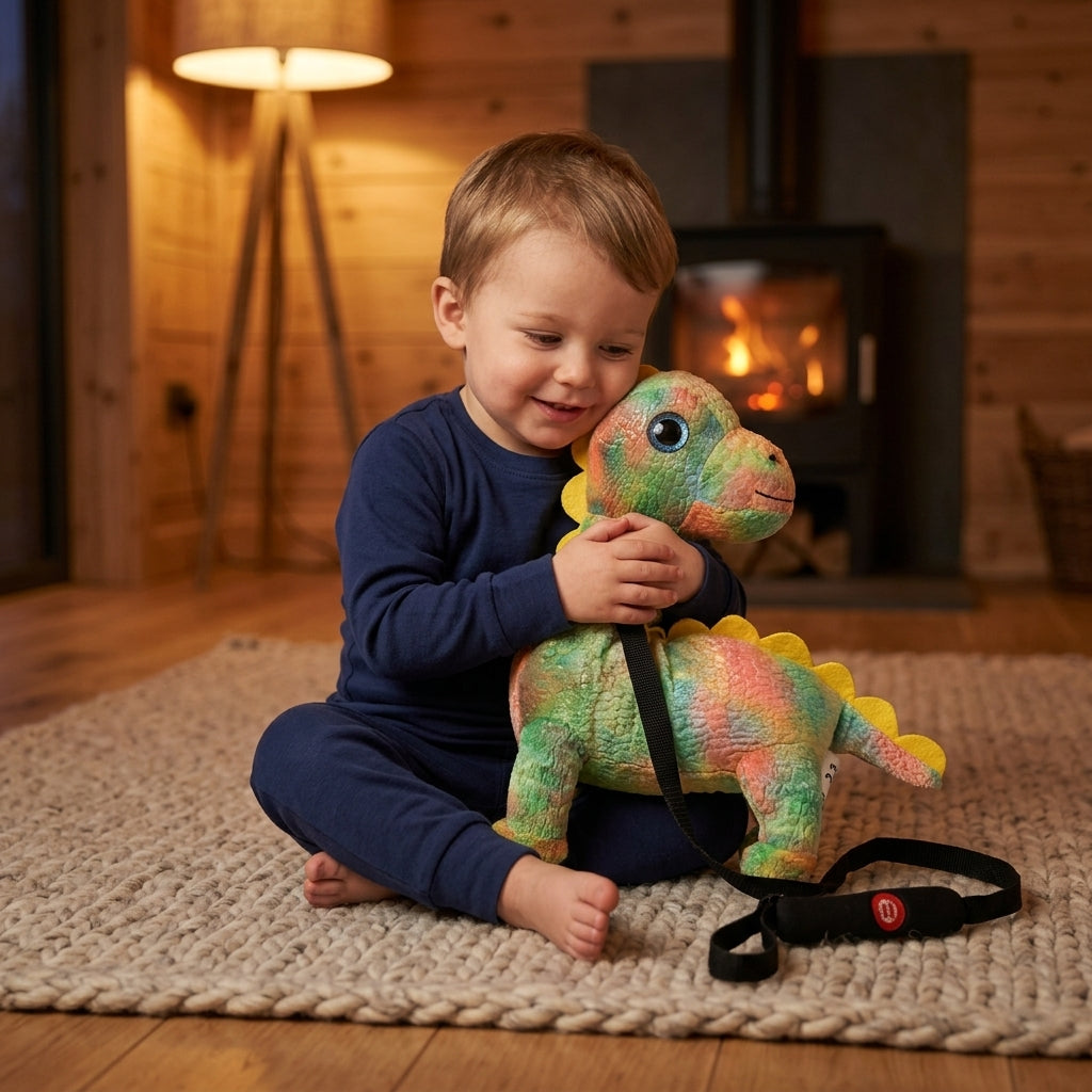 Plišani Dino Lino u naručju dečaka u dnevnoj sobi uz toplo večernje osvetljenje
