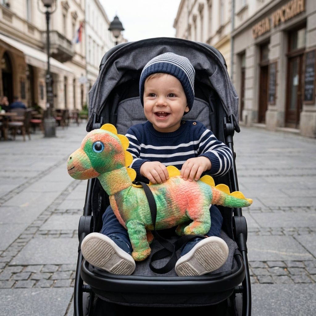Plišani Dino Lino u krilu mališana u kolicima tokom prolećne šetnje gradom