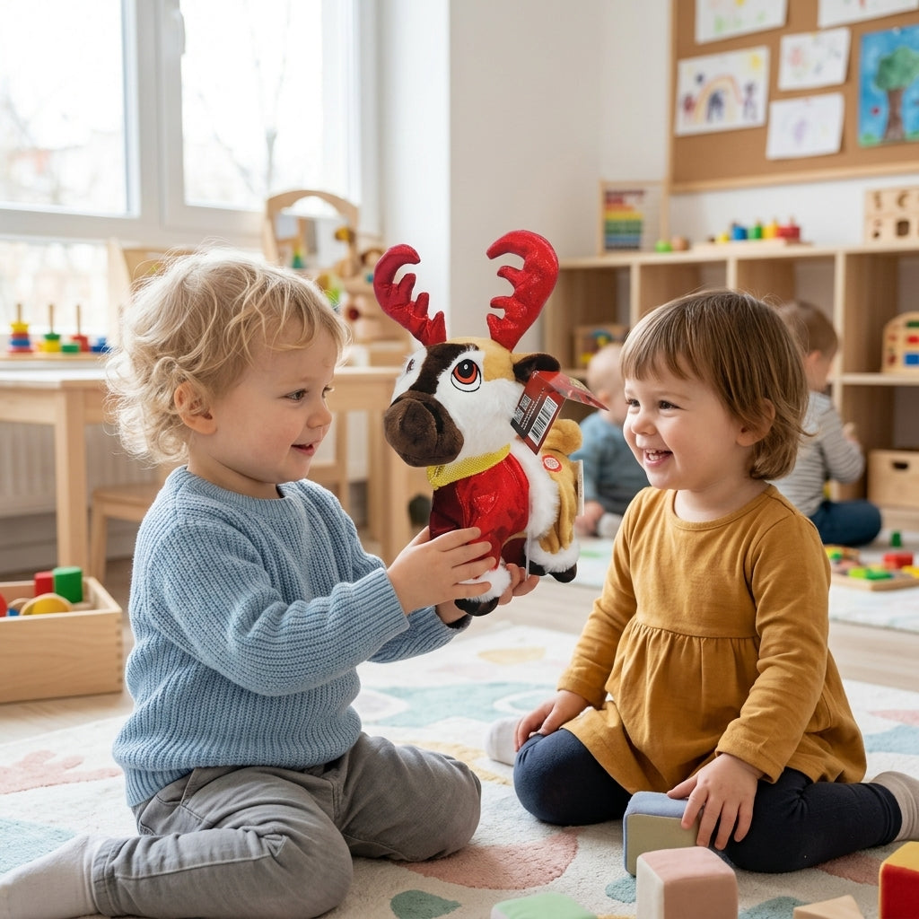 Plišani irvas na podu jaslica među decom koja se igraju