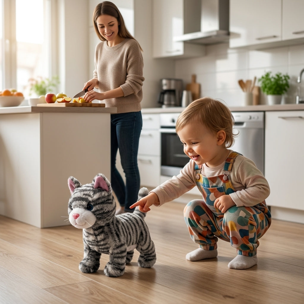 Plišana maca Keti koja šeta po kuhinjskom podu pored deteta