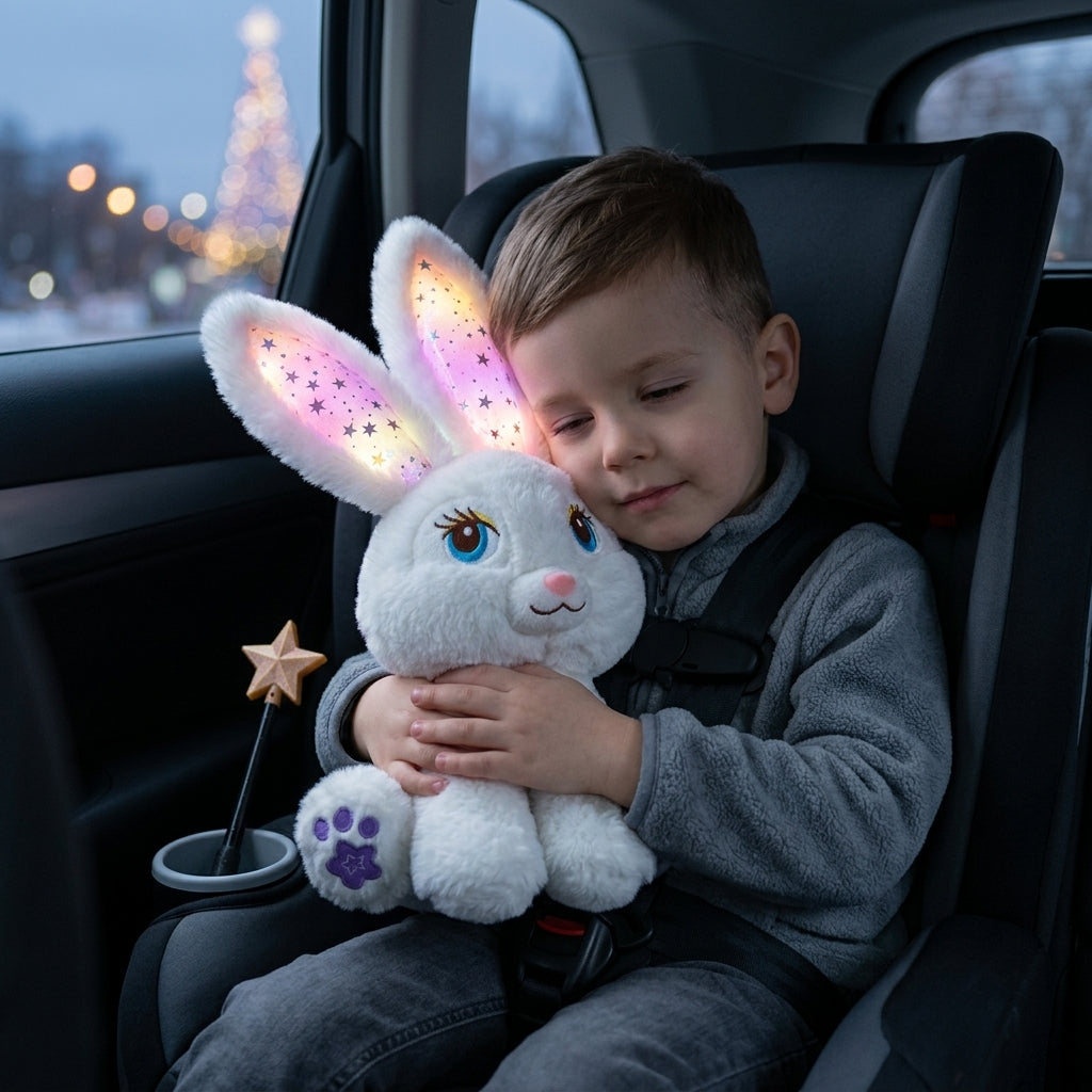 Magični zeka Zizi u krilu dečaka u dečijem sedištu tokom vožnje automobilom