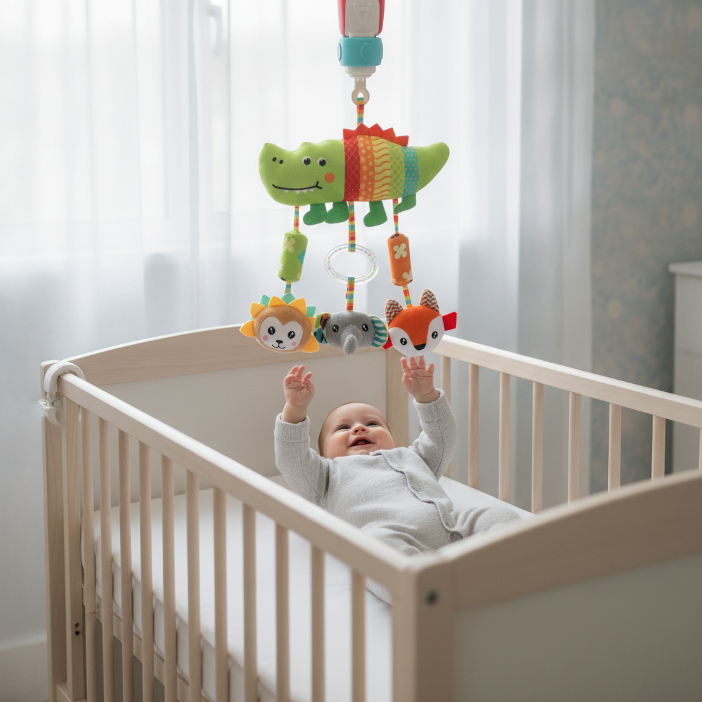 Vrteška za krevetac sa plišanim krokodilom i životinjicama iznad nasmejane bebe