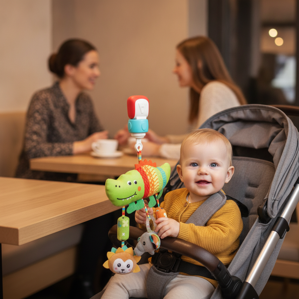 Vrteška okačena na tendu kolica za bebe u prijatnom kafiću