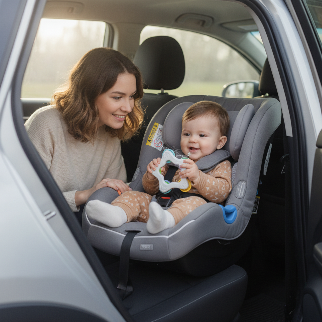 Zvečka mala u ručicama sedmomesečne bebe u autosedištu tokom vožnje