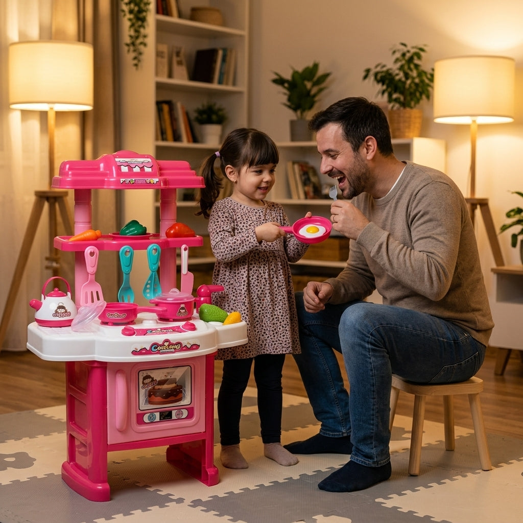 Dečja kuhinja pink sa dodacima u večernjoj igri devojčice i oca