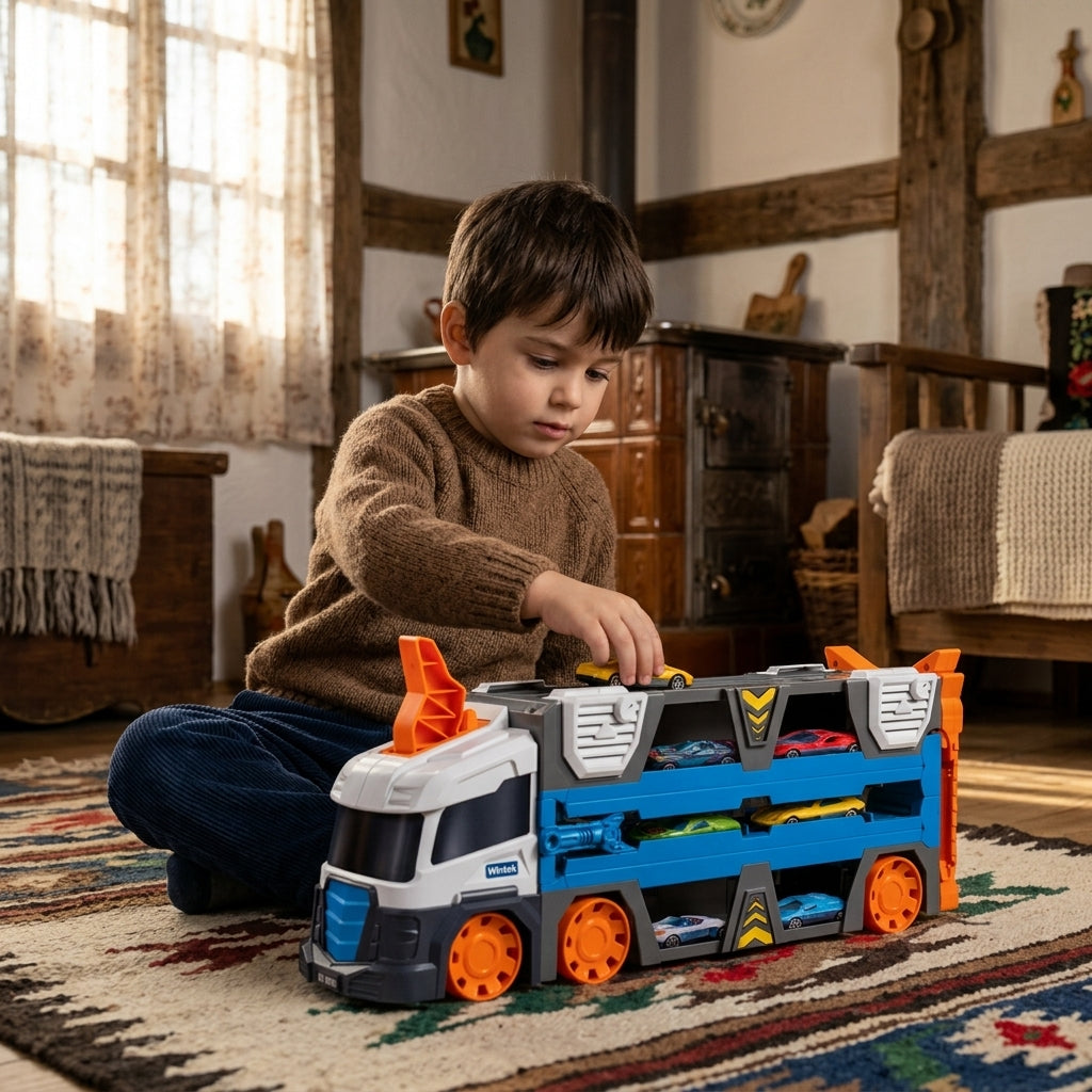 Igračka kamion transporter sa autićima na tepihu u seoskoj kući