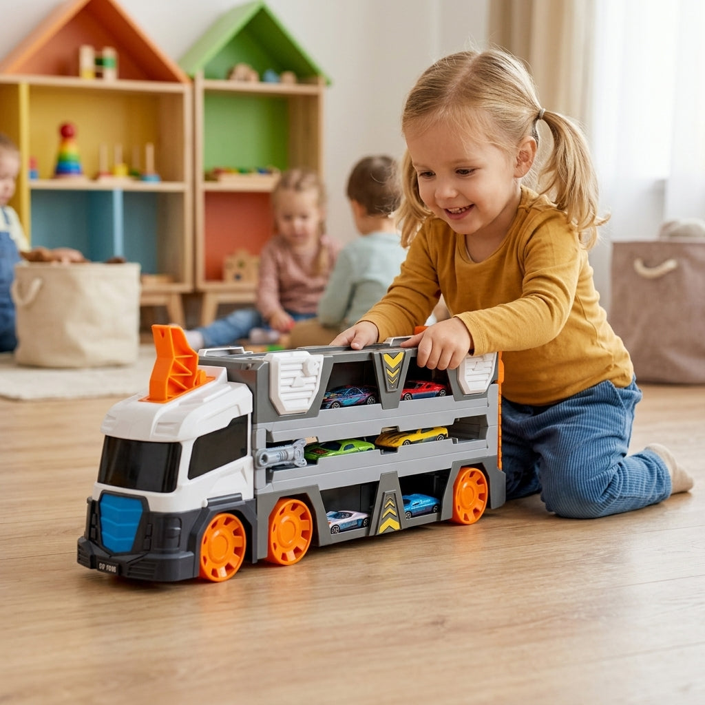 Igračka kamion transporter sa autićima u rukama devojčice u vrtiću