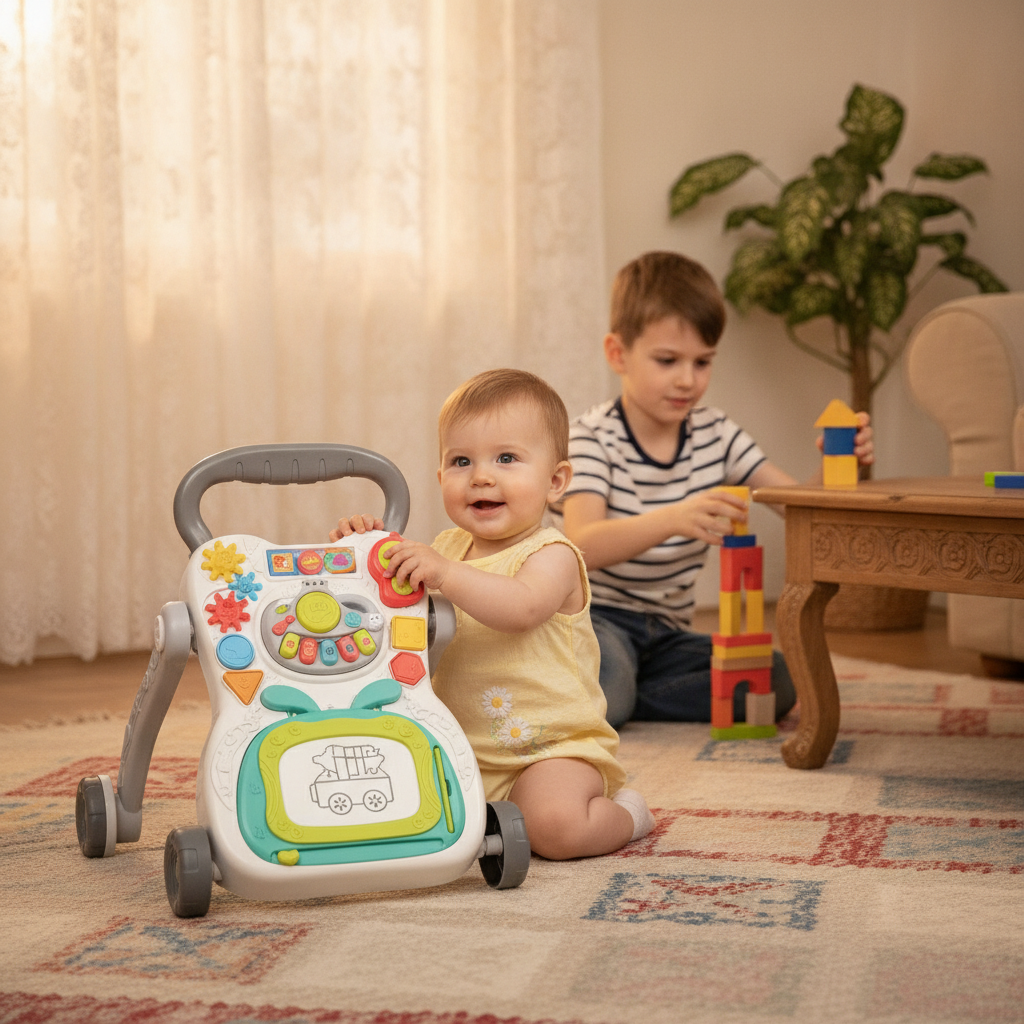 Šetalica sa edukativnim aktivnostima i tablom za crtanje dok beba sedi na podu i istražuje dugmiće