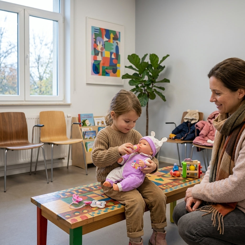 Lutka beba ljubičasta sa doktorskim setom u rukama devojčice u čekaonici pedijatra