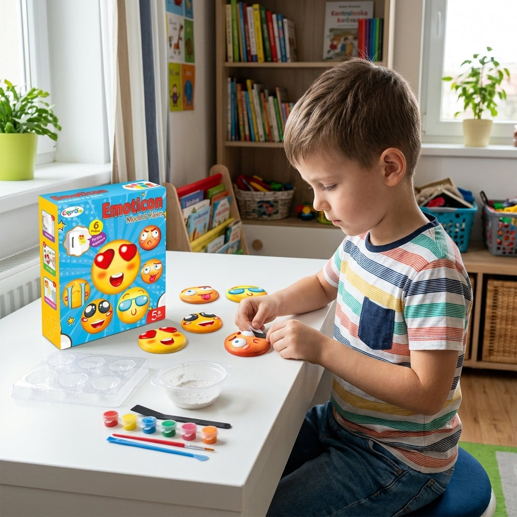 Kreativni set „napravi smajli” dečak za radnim stolom stavlja magnet na napravljeni smajli.