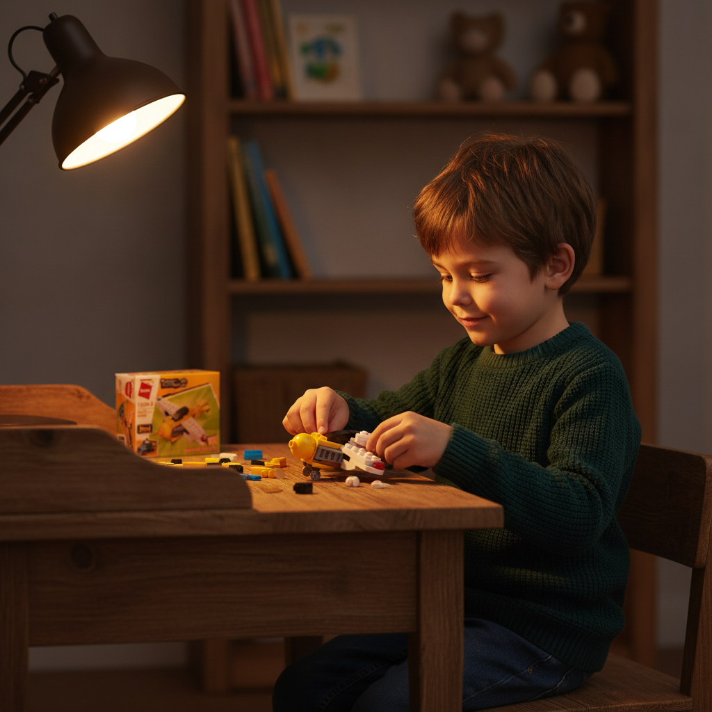 Kocke avion na radnom stolu dok ga dečak sklapa uz stonu lampu