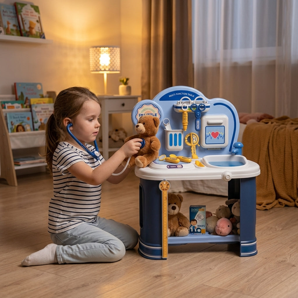 Dečji doktorski set 57 cm u dečijoj sobi tokom večernjeg pregleda plišane igračke.