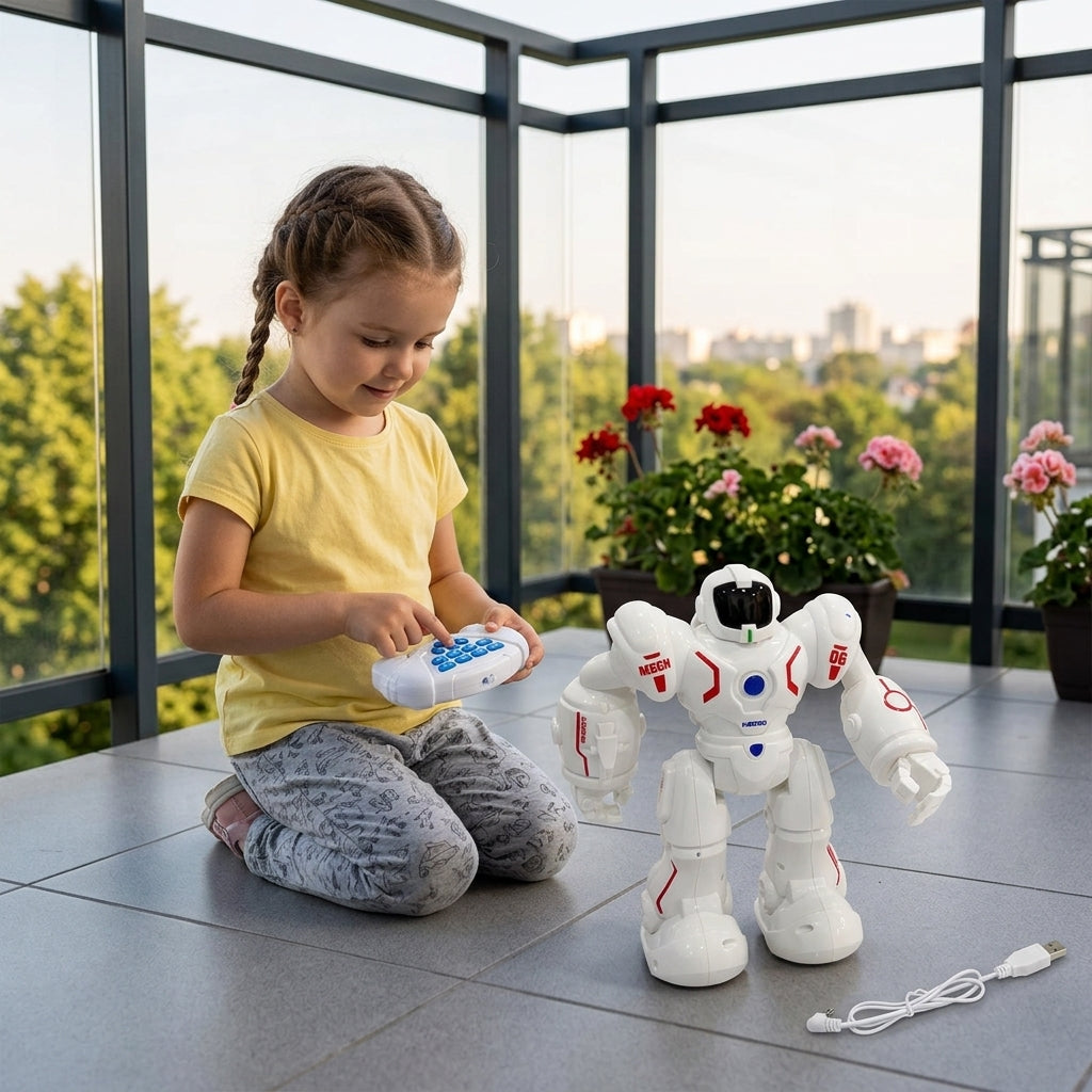 Robot na daljinski hoda po glatkim pločicama osunčane terase dok devojčica drži upravljač