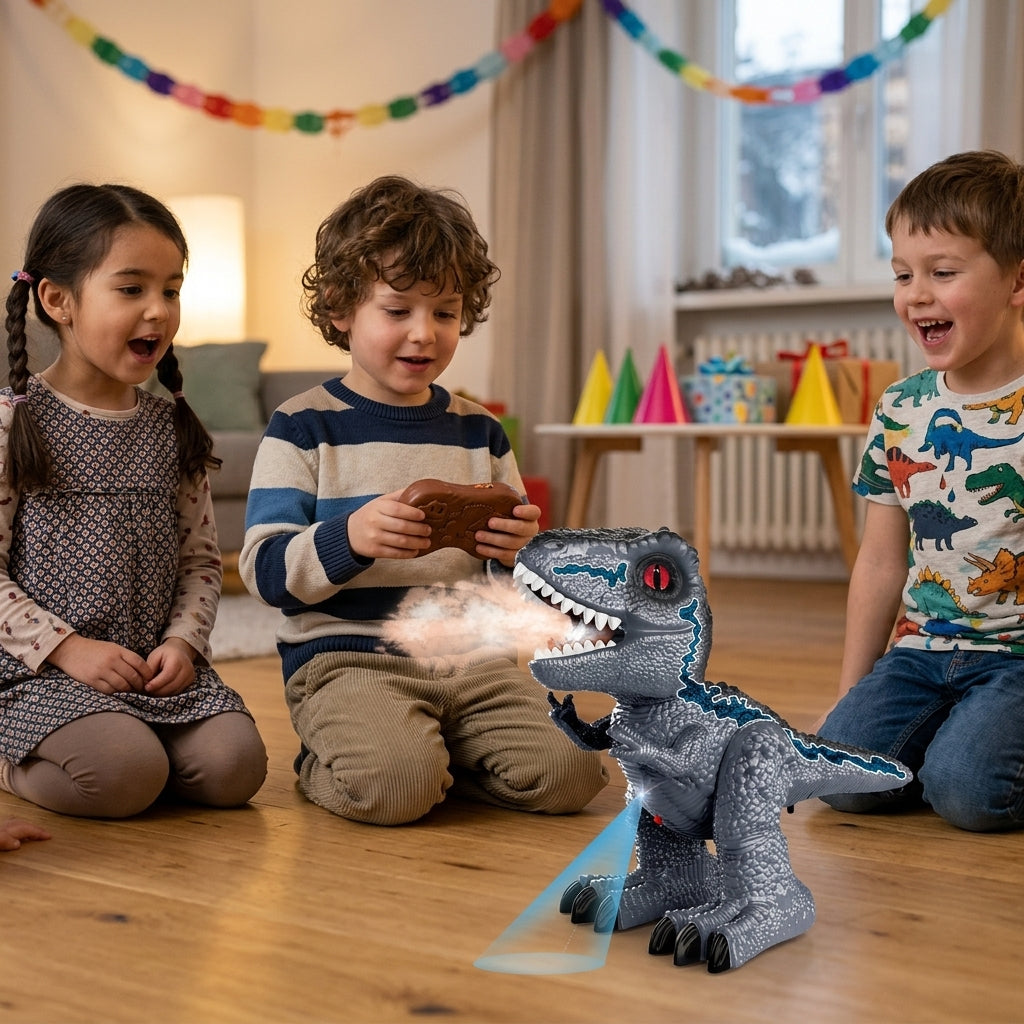 Dinosaurus na daljinski na rođendanskoj proslavi u dnevnoj sobi