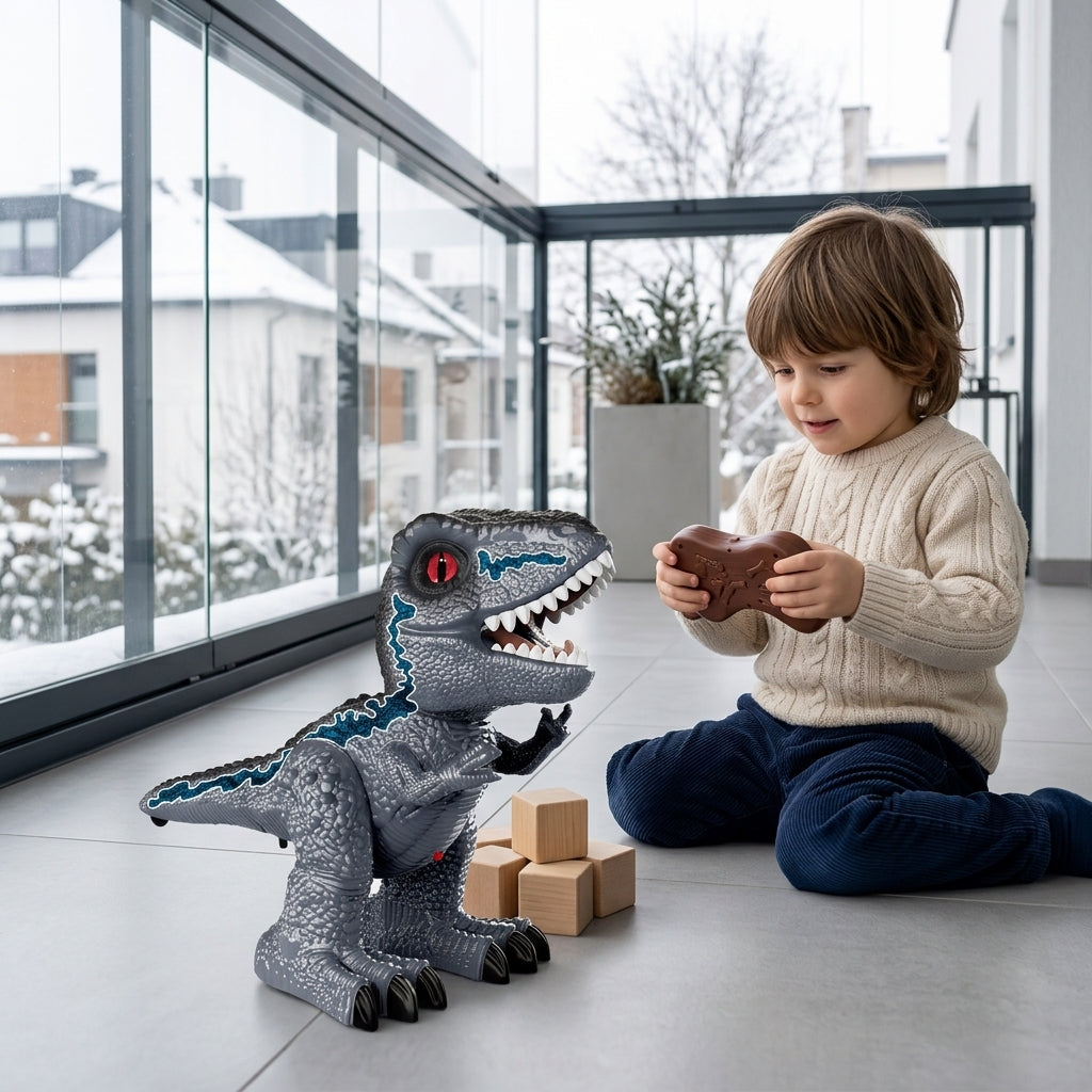 Dinosaurus na daljinski na zatvorenoj staklenoj terasi sa pogledom na sneg