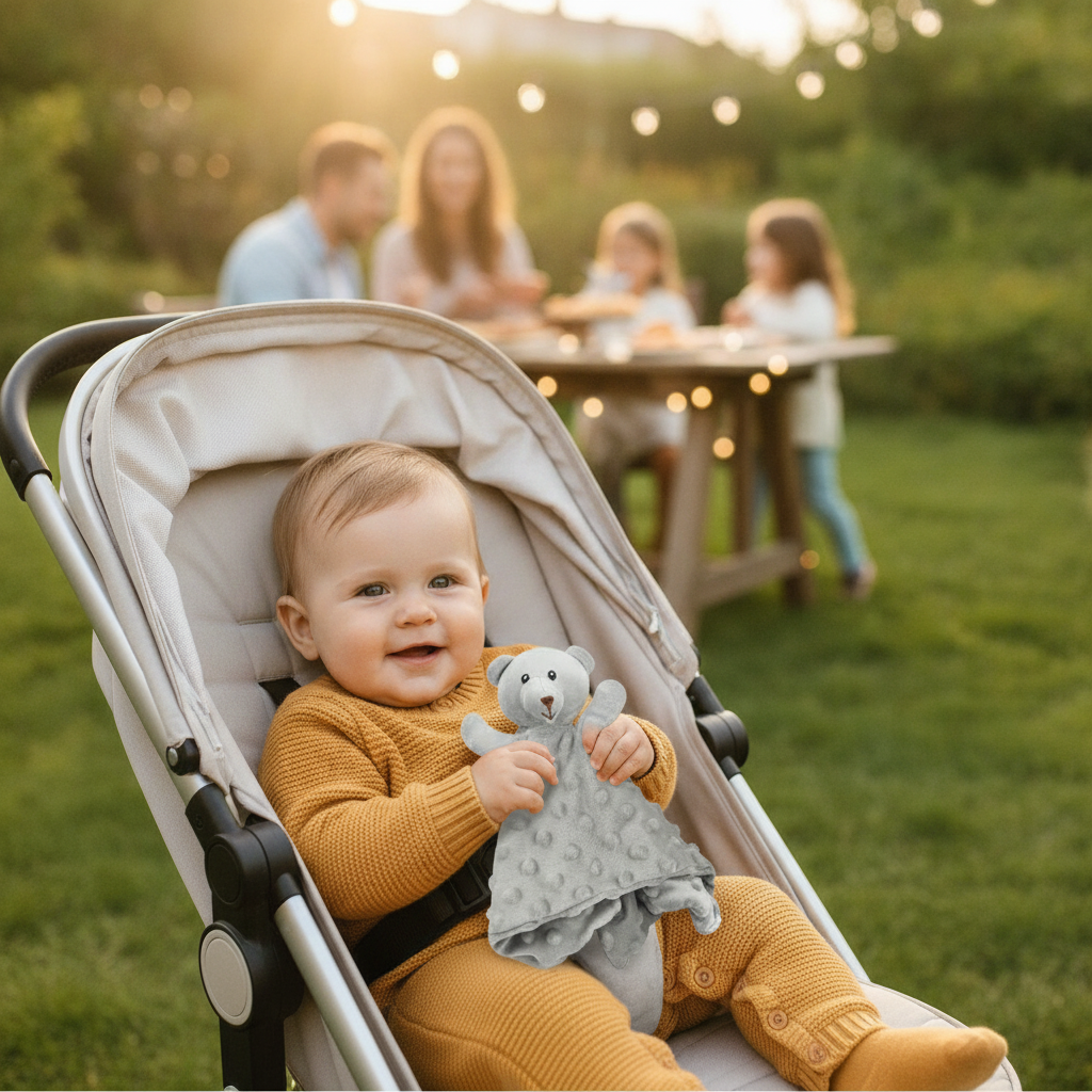 Plišani meda tešilica u rukama bebe dok leži u kolicima na rođendanu u dvorištu
