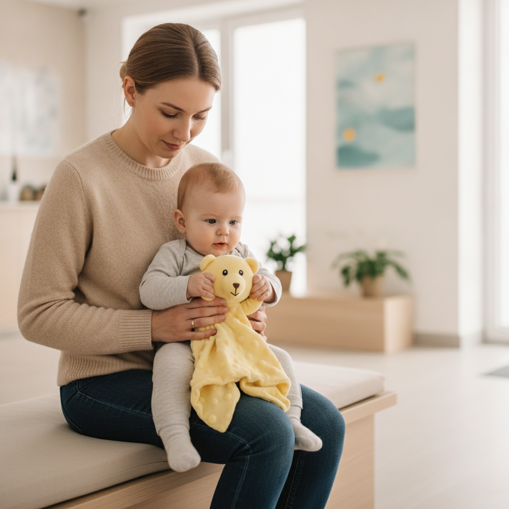 Plišani meda tešilica žute boje koju beba drži dok sedi u krilu majke u čekaonici