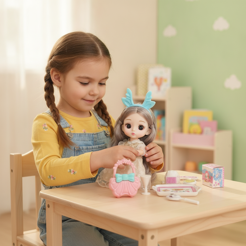 Lutka set 25 cm u rukama devojčice u dečijoj sobi