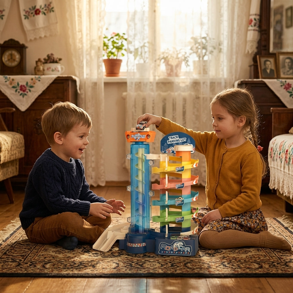 Igračka staza sa 5 autića dok se deca igraju u bakinoj sobi