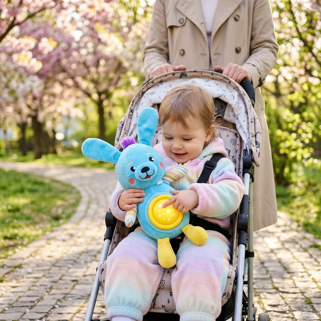 Muzički plišani zec u rukama bebe tokom jutarnje šetnje parkom u kolicima