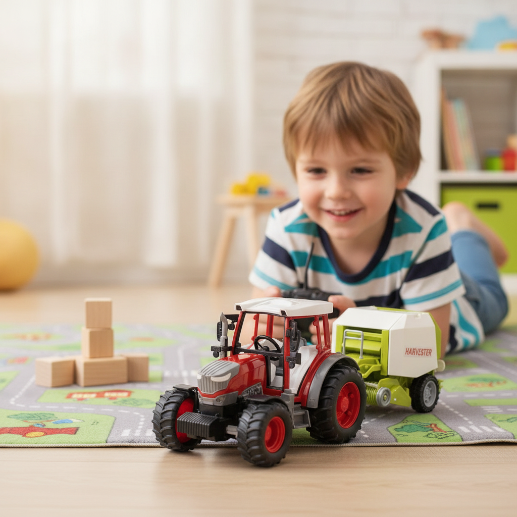 Igračka traktor sa baliračom u dečijoj sobi na podnoj podlozi za igru