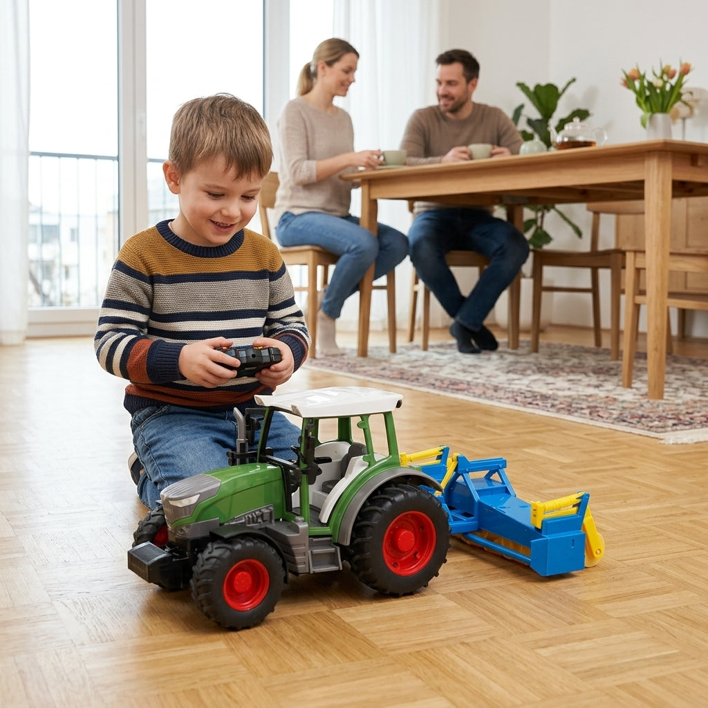 Igračka traktor na daljinski upravljač u vožnji po parketu tokom posete prijateljima