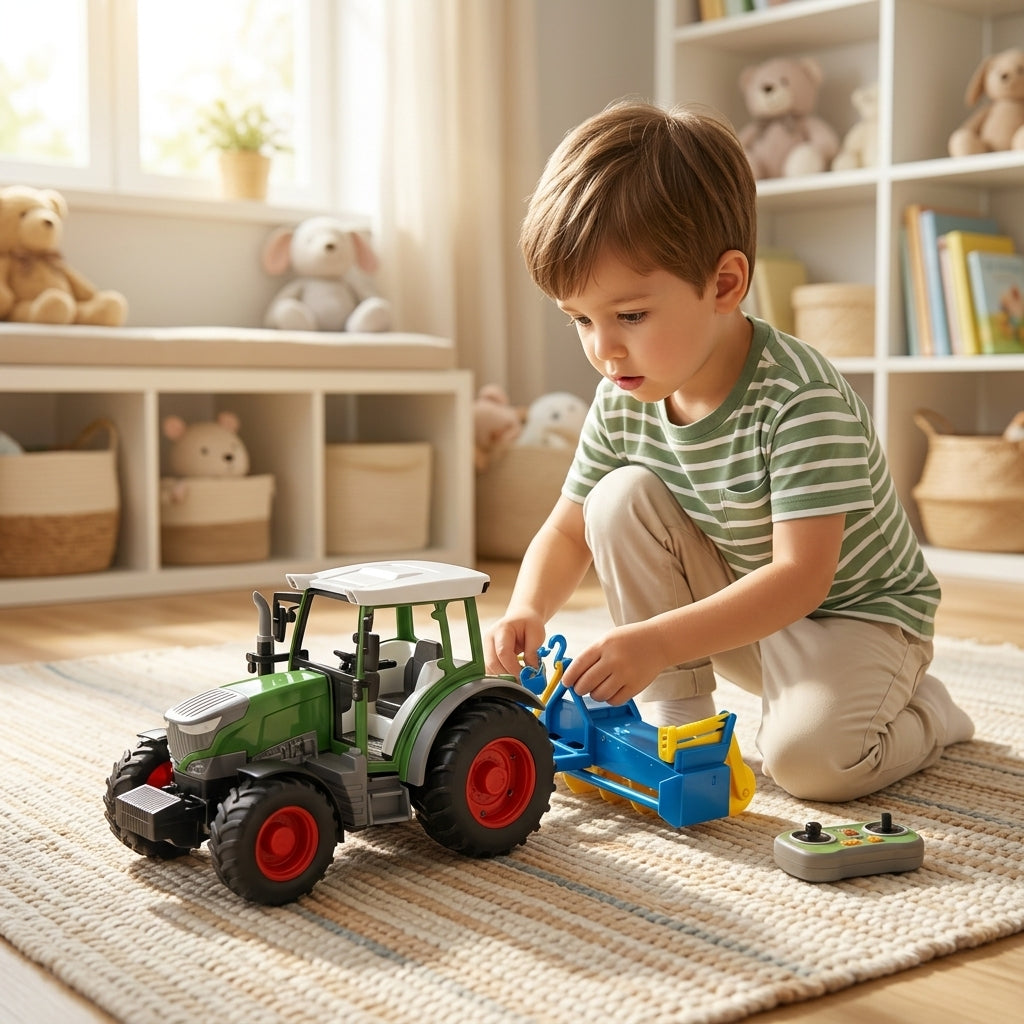 Igračka traktor sa priključkom na podu dečije sobe obasjane prolećnim suncem