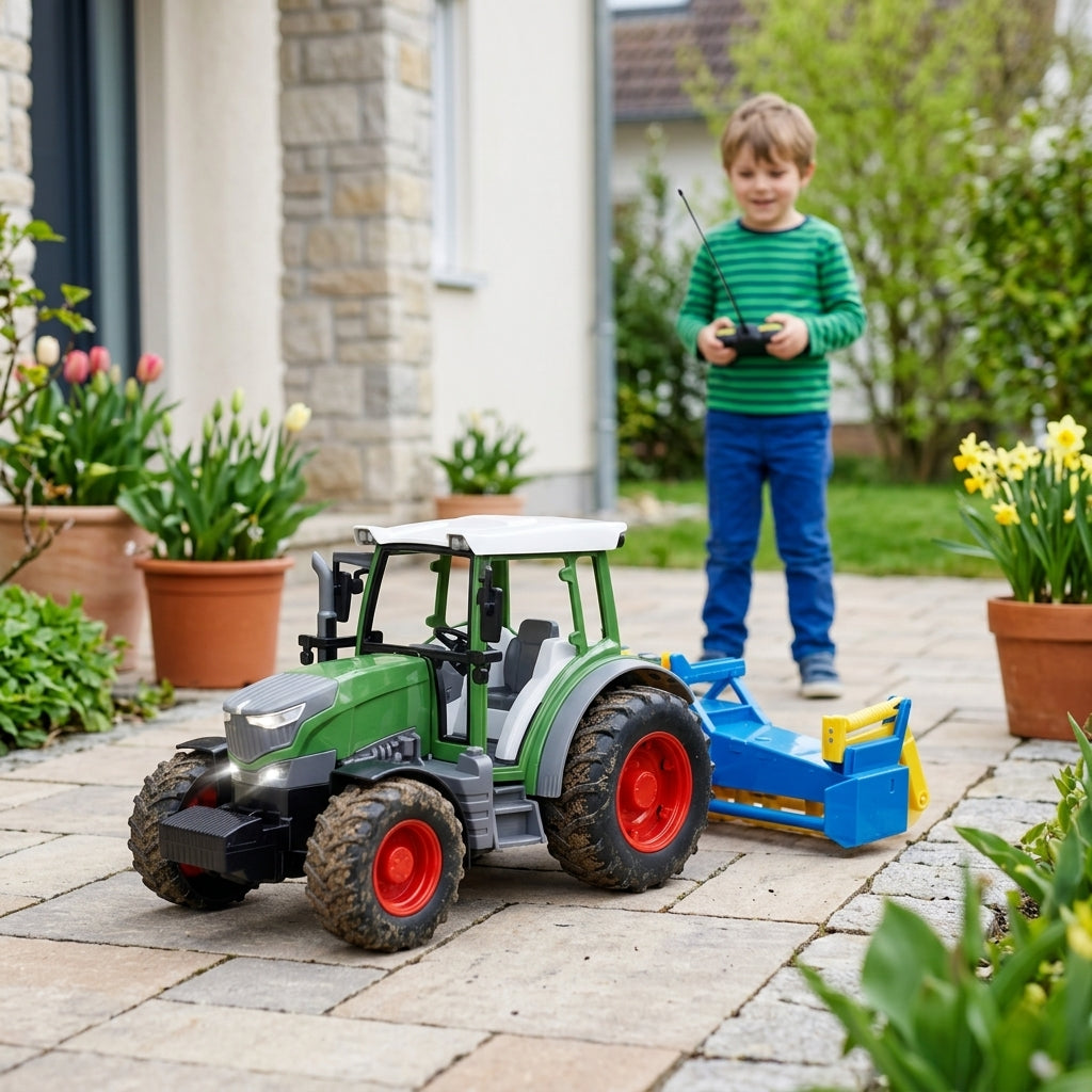Igračka traktor u pokretu na popločanoj dvorišnoj terasi