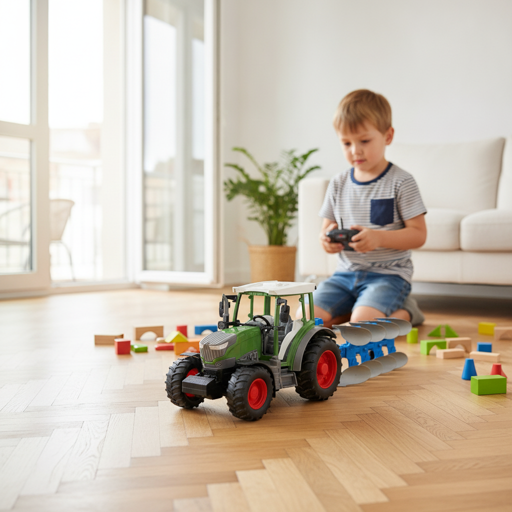 Igračka traktor sa priključkom vozi se po podu dnevne sobe