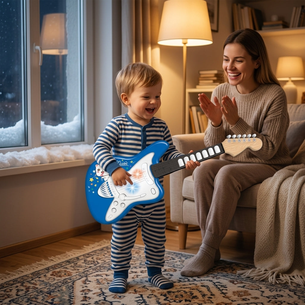 Dečja električna gitara miks boje u rukama mališana dok svira u toploj dnevnoj sobi