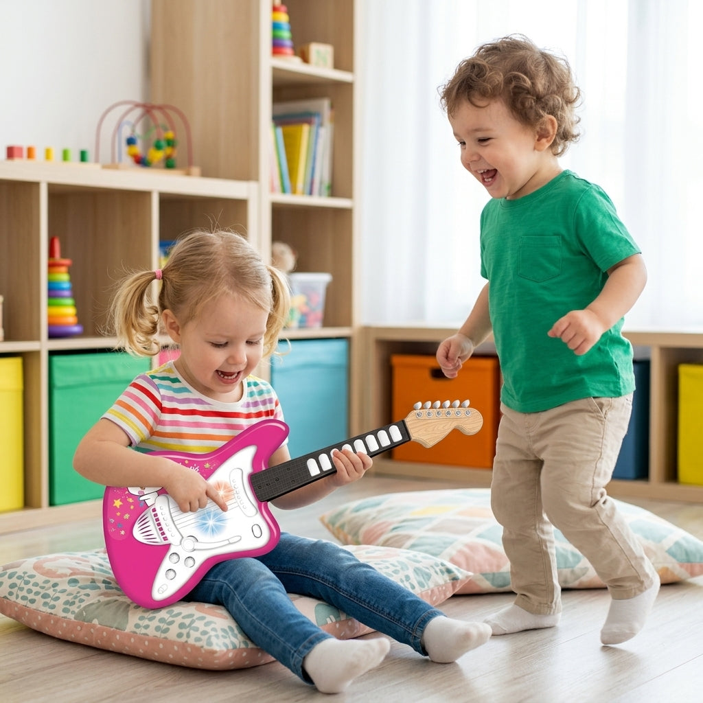 Dečja električna gitara miks boje tokom zajedničke muzičke igre dve devojčice u igraonici