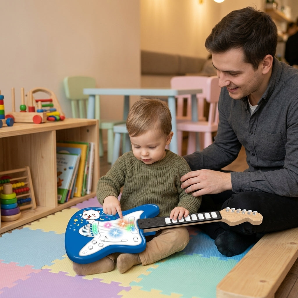Dečja električna gitara miks boje dok je dete radoznalo istražuje na podnoj podlozi