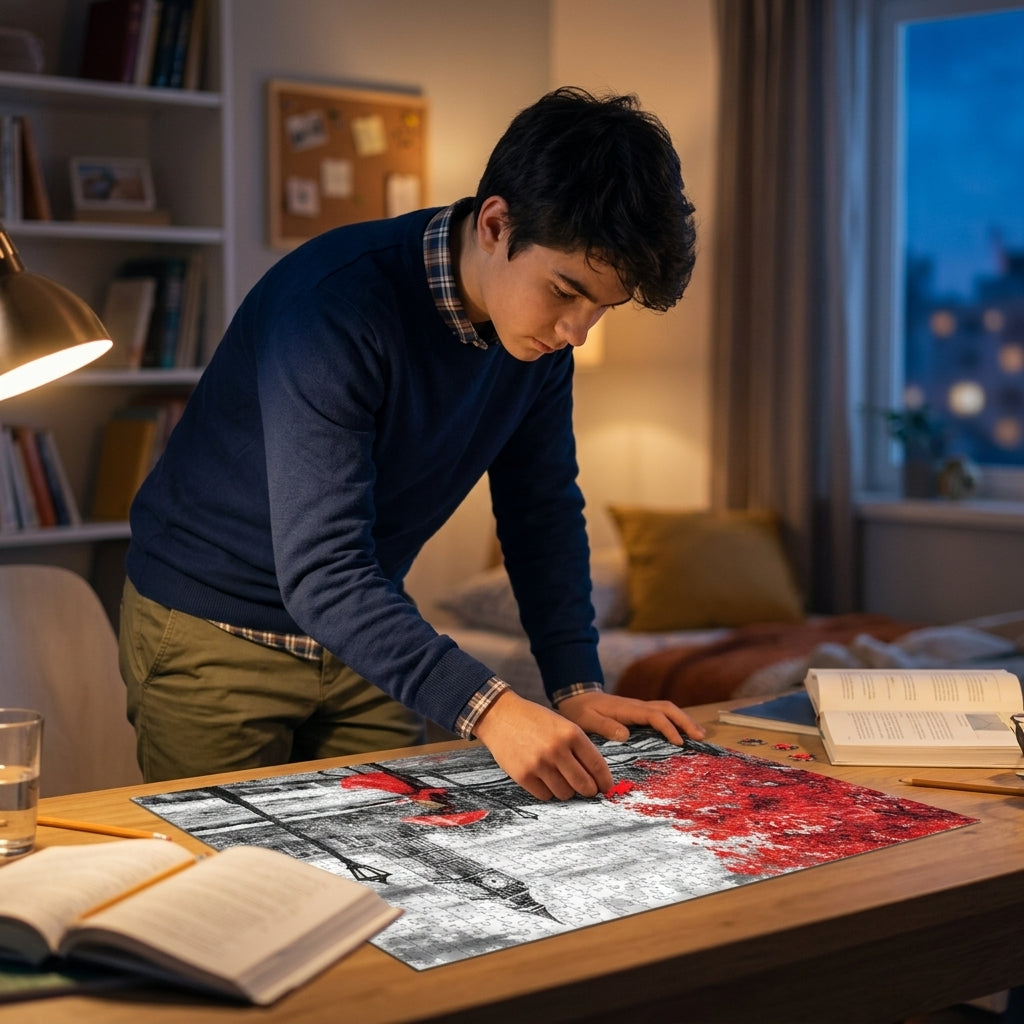 Puzle London u sobi tinejdžera pod svetlom lampe