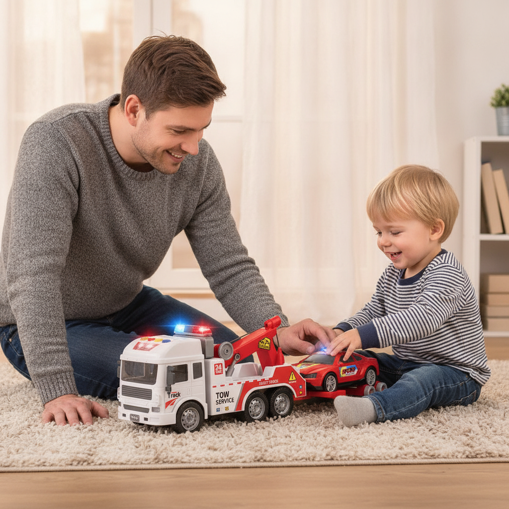 Igračka kamion transporter dok se otac i sin zajedno igraju na podu dnevne sobe