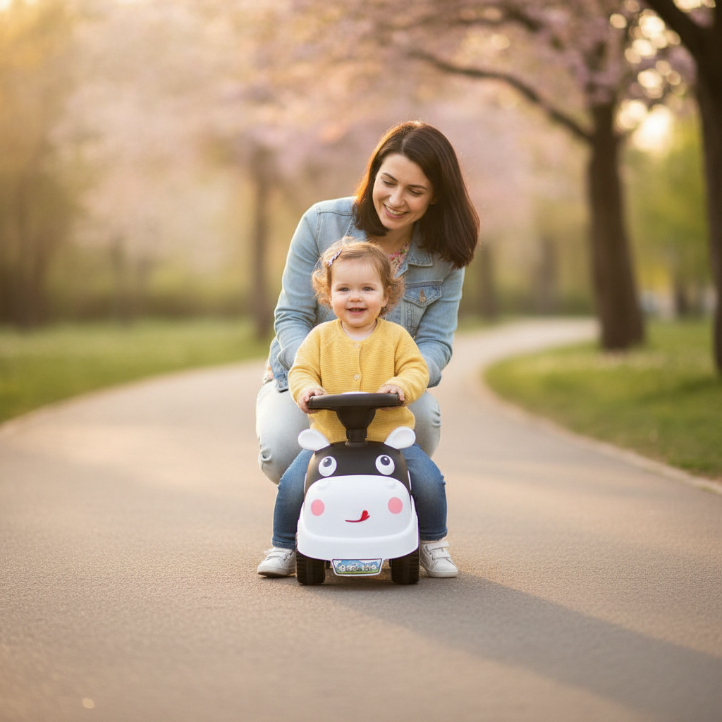 Guralica za bebe u parku na stazi tokom vožnje u zalazak sunca
