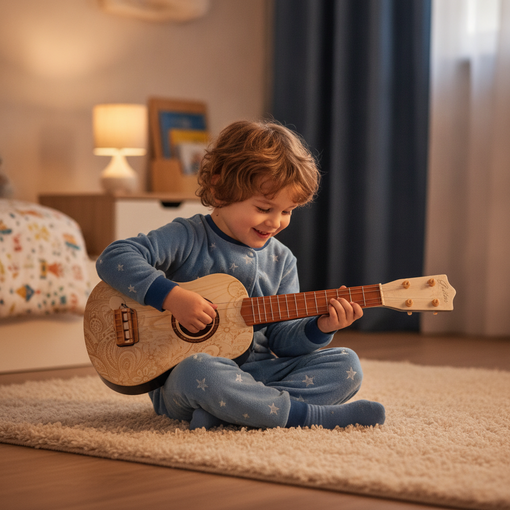 Dečja gitara sa muzikom i zvukom u rukama trogodišnjeg dečaka u dečjoj sobi