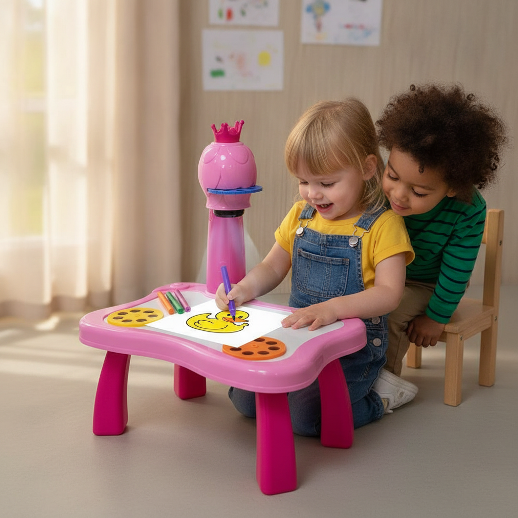 Projektor set roze na stolu u vrtiću dok se deca igraju i crtaju