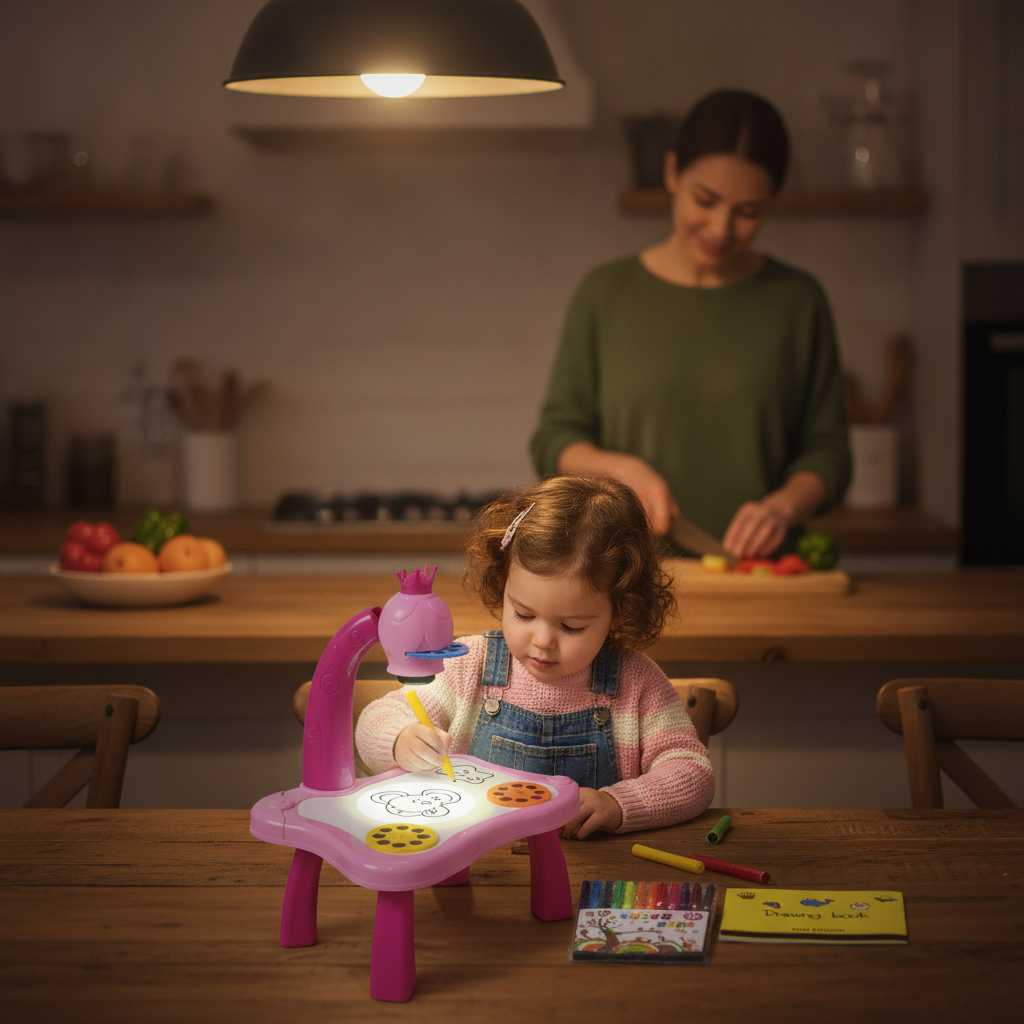 Projektor set roze na kuhinjskom stolu tokom mirnog večernjeg crtanja