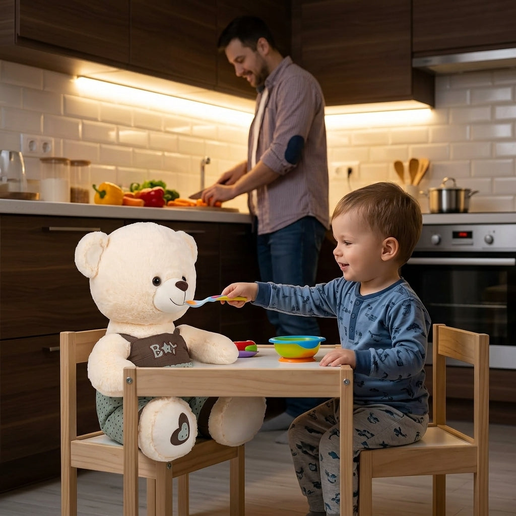 Plišani meda 42 cm na drvenoj stolici dok ga dete hrani u kuhinji